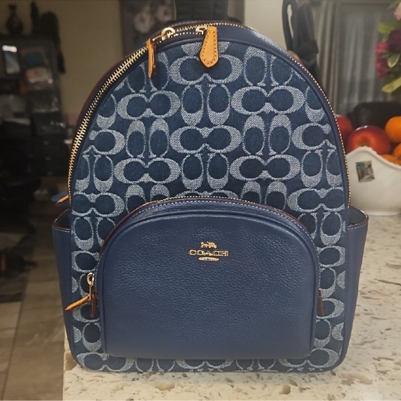 New with tags signature blue Denim Court backpack with cherry tags & leather tag - Picture 1 of 13
